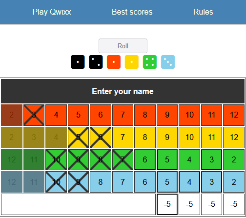 Capture écran du jeu Qwixx en ligne